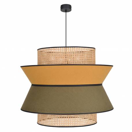 Suspension Singapour XXL Market Set Luminaire Moderne Cannage Naturel et Lin Lavé Couleur Kaki et Curry 78x78x330cm