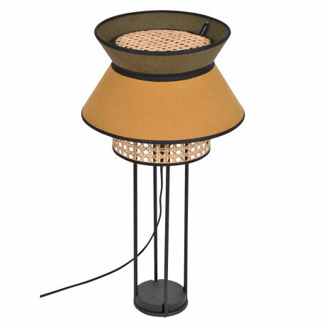 Lampe Singapour Market Set Luminaire Moderne en Métal Noir Cannage Naturel et Lin Lavé Couleur Kaki et Curry 30x30x56cm