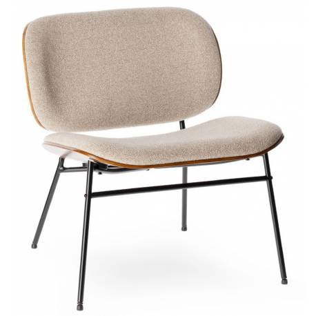 Fauteuil Kuji Athezza Assise de Salon Structure Bois Naturel et Métal Siège Tissu Beige 62x65x68cm