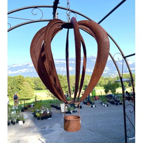 Superbe Eolienne Montgolfière à Piquer en Acier Oxydé 29x29x150cm