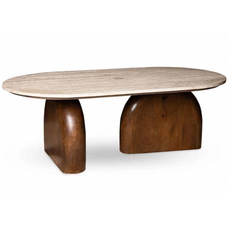 Table de Salon Aydin Athezza Table de Basse Ovale Manguier et Travertin Guéridon d’Intérieur Façon Artisanal 40x65x120cm