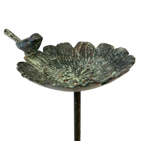 Bain Oiseau Fleur Coupelle à Oiseau Bénitier sur Pic Fonte et Acier Patiné Vert Tuteur 14,5x17,5x87cm