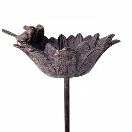 Grand Tuteur Bain Oiseau à Piquer Mangeoire en Fonte et Acier Patinée Marron Abreuvoir Extérieur 15x18,5x118cm