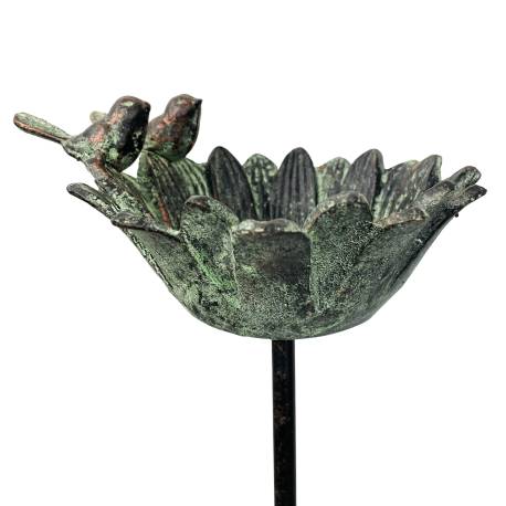 Grand Tuteur Bain Oiseau à Piquer Mangeoire en Fonte et Acier Patinée Vert Ancien Abreuvoir Extérieur 15x18,5x118cm
