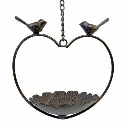 Bain Oiseau à Suspendre Mangeoire en Fonte Patinée Vert Abreuvoir Extérieur sur Chainette Forme Fleur 14,5x14,5x43cm