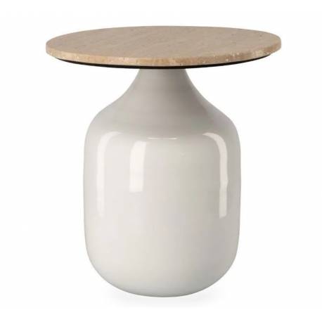 Bout de Canapé Madala Athezza Table d’Appoint Métal Blanche et Travertin Sellette Ronde Originale 45x45x50cm