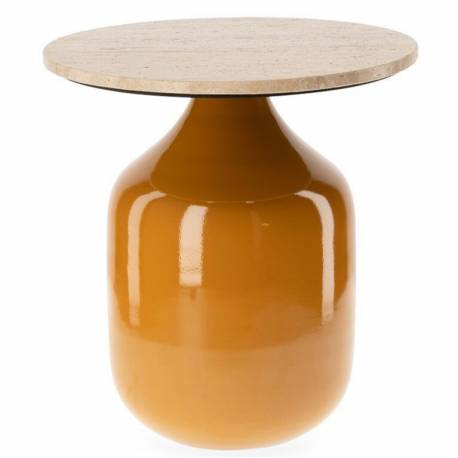Bout de Canapé Madala Athezza Table d’Appoint Métal Moutarde et Travertin Sellette Ronde Originale 45x45x50cm