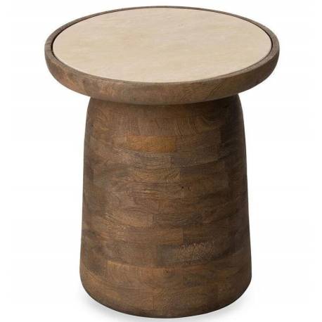 Bout de Canapé Quito Athezza Table d’Appoint Ronde Manguier et Travertin Guéridon Artisanal 40x40x44cm