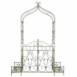 Portail Madeleine Métal Patiné Vert Ancien Portillon Double Portes Motif Floral Arche à Fleurs 40x173x240cm