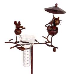 Pluviomètre à Piquer Tuteur Plante Décoration de Jardin Motif Chat et Souris en Métal Patiné Marron et Tube en Verre 17x33x119cm