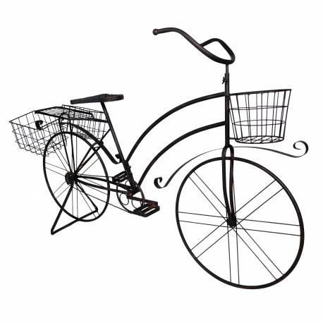 Grand Vélo Porte-Plantes Métal Noir Patiné Marron Bicyclette Décorative Support à Fleurs 46x93x140cm