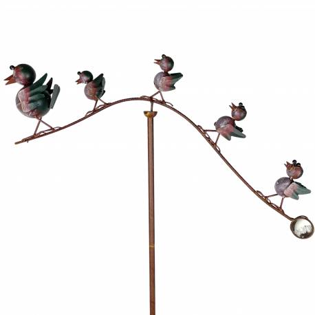 Tuteur Tige pour Plantes Motifs Oiseaux Mobile de Jardin Rotatif à Planter en Métal Patiné Coloré et Verre 9x71x163,5cm