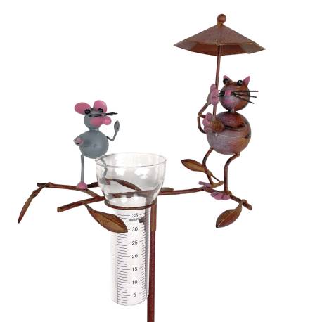 Pluviomètre à Piquer Tuteur Plante Décoration de Jardin Motif Chat et Souris en Métal Patiné Coloré et Tube en Verre 17x33x119cm