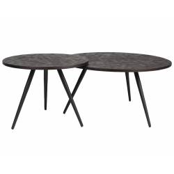 Duo de Tables Basses Webster Woody Lot de Deux Tables Rondes en Bois Marron et Fer Design Damier