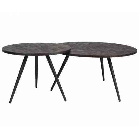 Duo de Tables Basses Webster Woody Lot de Deux Tables Rondes en Bois Marron et Fer Design Damier
