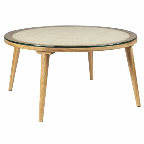 Table Basse Haru Woody Table de Salon Ronde Bois, Rotin et Verre Design Rétro 38x70x70cm