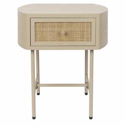 Chevet Amaya Woody Table de Nuit Bois, Rotin et Métal Guéridon d’Appoint un Tiroir 38x48x54cm