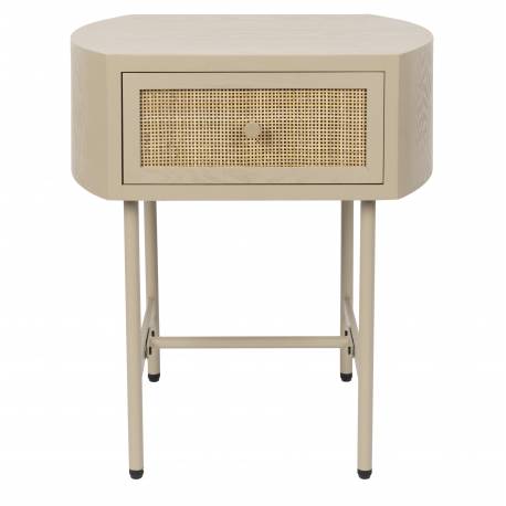 Chevet Amaya Woody Table de Nuit Bois, Rotin et Métal Guéridon d’Appoint un Tiroir 38x48x54cm