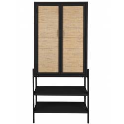 Armoire Yasu Dutchbone Vaisselier Métal, Bois et Rotin Meuble de Rangement Noir Deux Portes 36x70x160cm