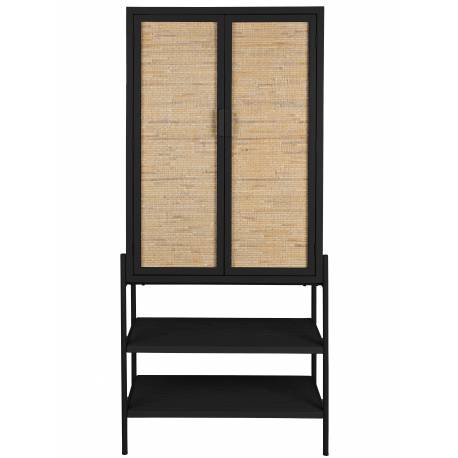 Armoire Yasu Dutchbone Vaisselier Métal, Bois et Rotin Meuble de Rangement Noir Deux Portes 36x70x160cm