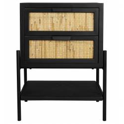 Guéridon Yasu Dutchbone Chevet Bois, Métal et Rotin Table de Nuit 2 Tiroirs 1 Etagère 35x45x64cm