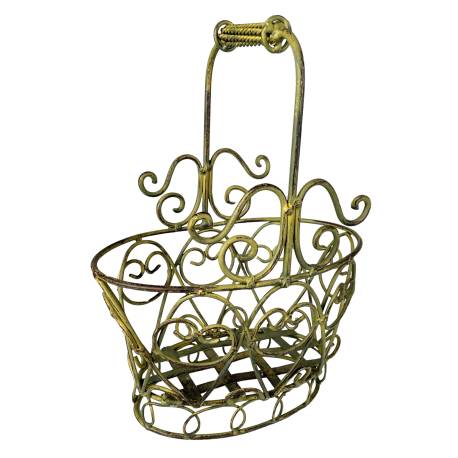 Panier Décoratif PM Acier Patiné Vert Support à Plantes à Anse Porte Plante Forme Ovale 15x23x32cm