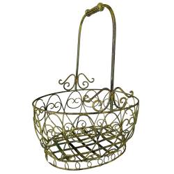Panier Décoratif GM Acier Patiné Vert Support à Plantes à Anse Porte Plante Forme Ovale 26,5x37,5x48cm