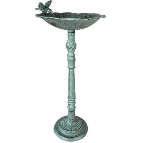 Bain Oiseau sur Pied en Fonte Grand Bénitier à Poser Mangeoire Abreuvoir à Volatiles Patine Vert Clair 26x26x58cm