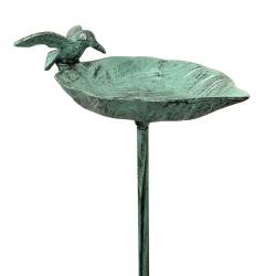 Grand Tuteur Bain d'Oiseaux ou Pic de Jardin Coupelle Façon Bénitier Bain à Oiseau en Fonte Patinée Verte 13x18x100cm