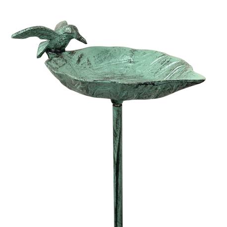 Grand Tuteur Bain d'Oiseaux ou Pic de Jardin Coupelle Façon Bénitier Bain à Oiseau en Fonte Patinée Verte 13x18x100cm