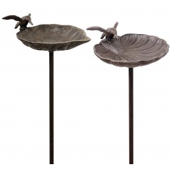 Set de 2 Tuteurs Bain d'Oiseaux ou Pics de Jardin 2 Coupelles Façon Bénitier Bain à Oiseau en Fonte Patinée Marron 15x15x100cm