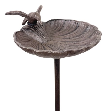 Grand Tuteur Bain d'Oiseau ou Pic de Jardin Coupelle Façon Bénitier Bain à Oiseau en Fonte Patinée Marron 14x15x100cm