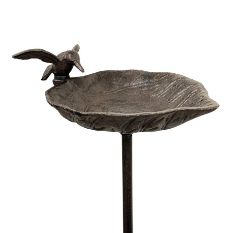 Grand Tuteur Bain d'Oiseaux ou Pic de Jardin Coupelle Façon Bénitier Bain à Oiseau en Fonte Patinée Marron 13x18x100cm
