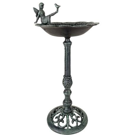 Bain Oiseau sur Pied Grand Bénitier en Fonte Verte Abreuvoir Rond Motif Fée 24x24x52cm