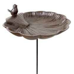 Bain Oiseau Coquille en Fonte Patiné Marron Abreuvoir à Oiseau sur Tige Mangeoire Extérieure à Coupelle 26,5x26,5x121cm