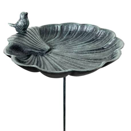 Bain Oiseau Coquille en Fonte Patiné Vert Abreuvoir à Oiseau sur Tige Mangeoire Extérieure à Coupelle 26,5x26,5x121cm