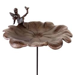 Abreuvoir sur Tige Bain Oiseau Mangeoire à Piquer en Fonte Marron Bénitier à Oiseau Motif Fée 28x28x123cm