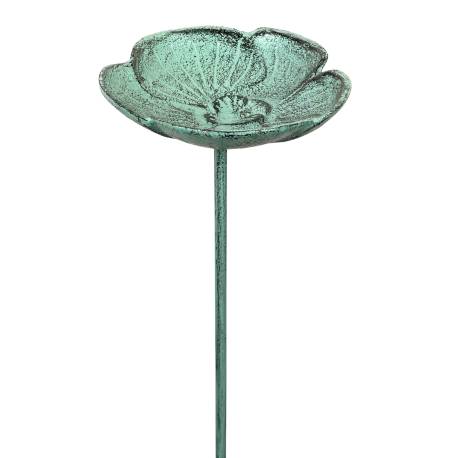 Bain Oiseau sur Tige Abreuvoir en Fonte à Planter Mangeoire en Fonte Patinée Vert Clair Tuteur Jardin 14,5x14,5x95cm