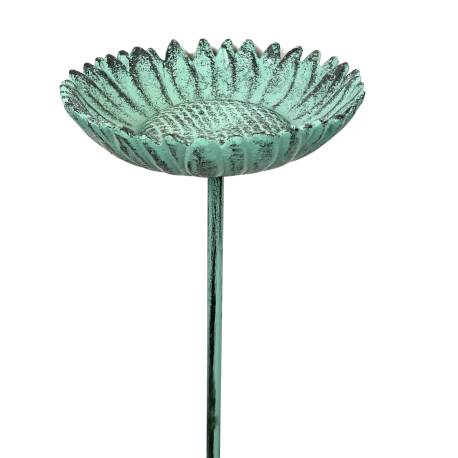 Abreuvoir à Piquer Bain d’Oiseau en Fonte Mangeoire sur Pique Tuteur Patiné Vert Clair Décoration Jardin 14x14x94cm
