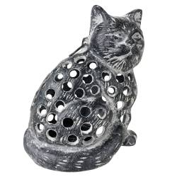 Chat Lanterne Bougeoir Porte Bougie Photophore Sculpture en Fonte Patinée Grise 15x20x23cm