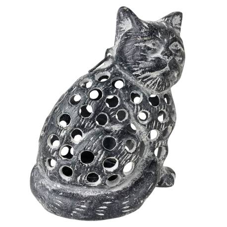 Chat Lanterne Bougeoir Porte Bougie Photophore Sculpture en Fonte Patinée Grise 15x20x23cm