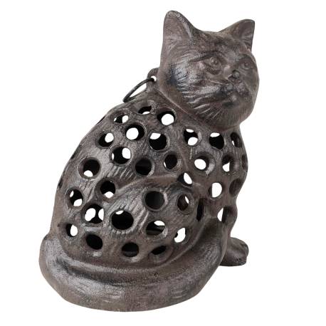 Chat Lanterne Bougeoir Porte Bougie Photophore Sculpture en Fonte Patinée Marron 15x20x23cm
