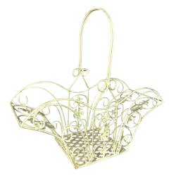 Panier Décoratif PM Acier Patiné Blanc Support à Plantes à Anse Porte Plante Forme Evasée 15,5x37x40cm
