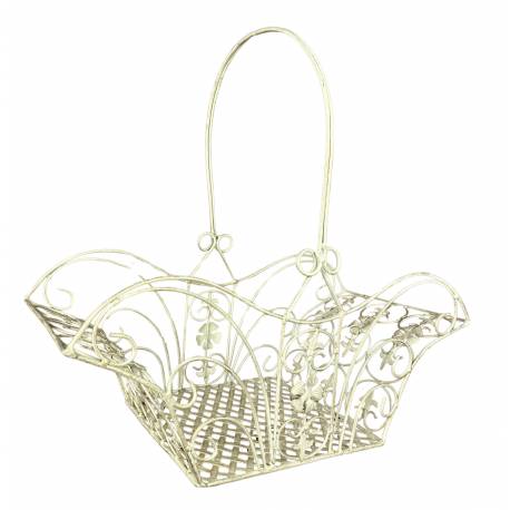 Panier Décoratif MM Acier Patiné Blanc Support à Plantes à Anse Porte Plante Forme Evasée 20,5x41x43,5cm