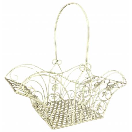 Panier Décoratif GM Acier Patiné Blanc Support à Plantes à Anse Porte Plante Forme Evasée 23,5x45x46cm