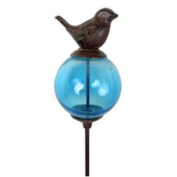 Tuteur Boule Bleu Pic de Jardin Coloré Décoration de Jardin à Planter Motif Oiseau en Fonte et Verre 10x10x117cm