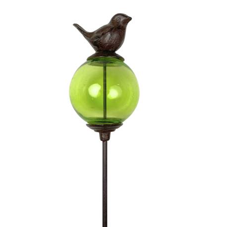 Tuteur Boule Vert Pic de Jardin Coloré Décoration de Jardin à Planter Motif Oiseau en Fonte et Verre 10x10x117cm