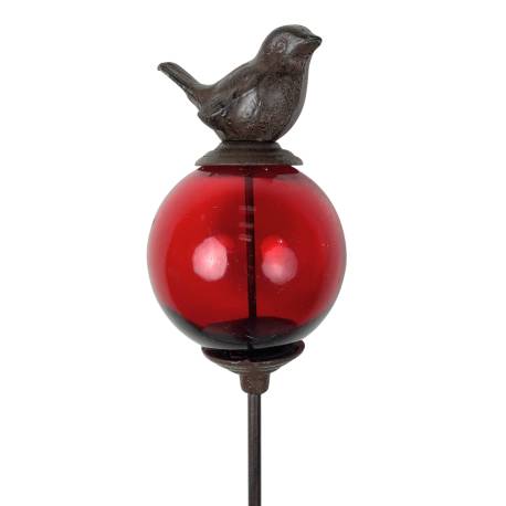 Tuteur Boule Rouge Pic de Jardin Coloré Décoration de Jardin à Planter Motif Oiseau en Fonte et Verre 10x10x117cm