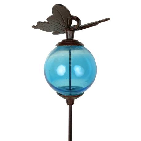 Tuteur Boule Bleu Pic de Jardin Coloré Décoration de Jardin à Planter Motif Papillon en Fonte et Verre 10x10x117cm