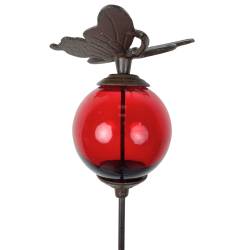 Tuteur Boule Rouge Pic de Jardin Coloré Décoration de Jardin à Planter Motif Papillon en Fonte et Verre 10x10x117cm